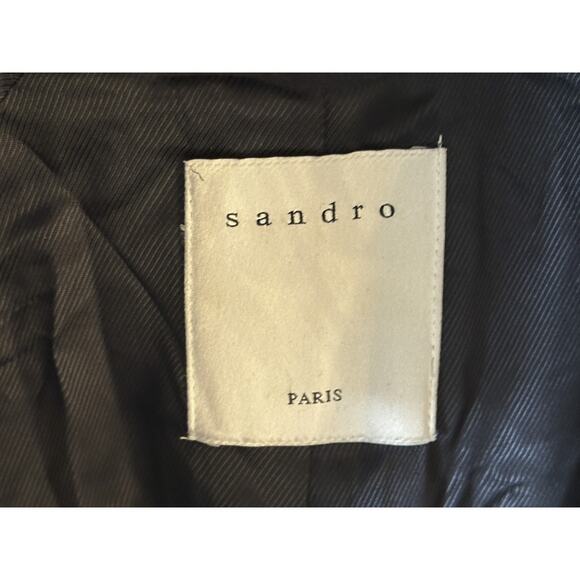 SANDRO Paris Black Wool Belted Detachable Hood Long Coat Size 40 - Picture 6 of 8